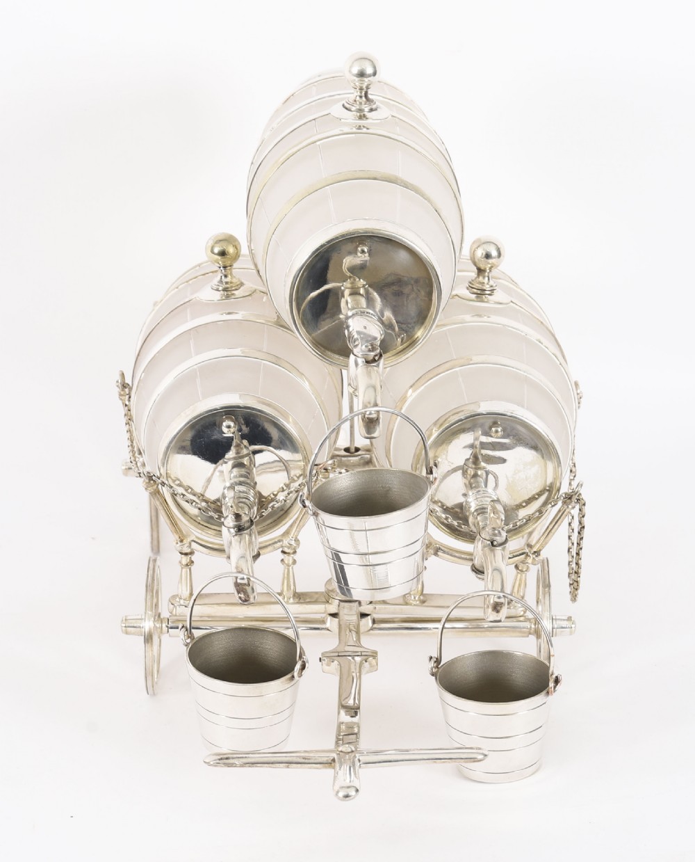 A 19th-century silver-plated carriage frame holding three frosted crystal barrels with taps and hanging miniature bucket tot cups. View XI