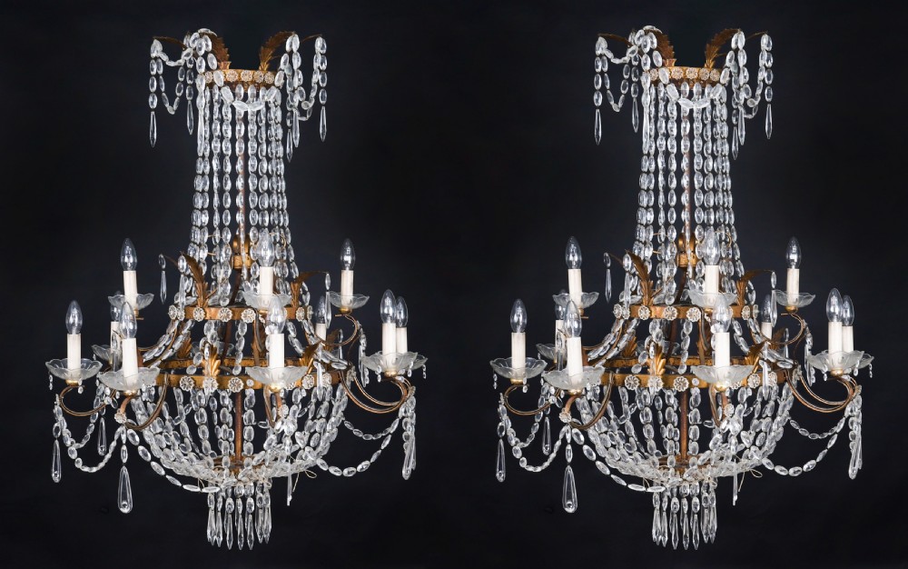 Antique Pair William IV 12 Light Waterfall Tent Crystal Chandeliers 19th C