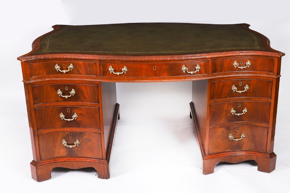 Antique Flame Mahogany Serpentine Partners Pedestal Desk Circa 1900 View II