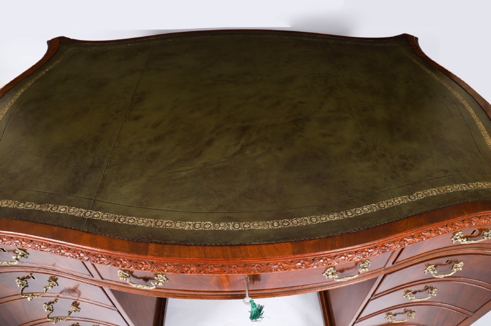 Antique Flame Mahogany Serpentine Partners Pedestal Desk Circa 1900 View IV