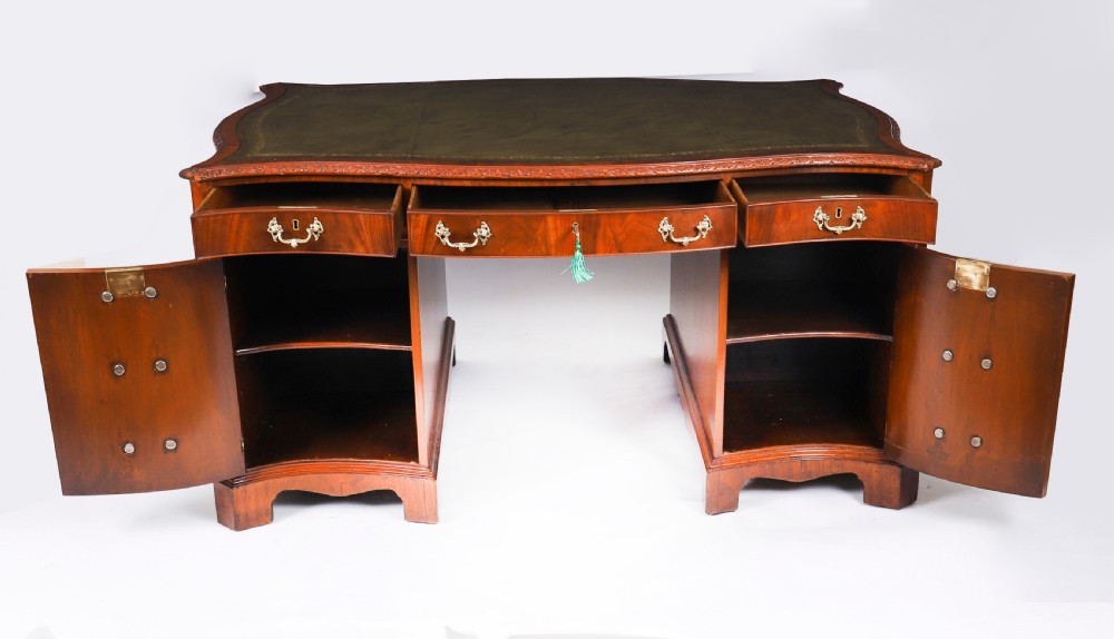Antique Flame Mahogany Serpentine Partners Pedestal Desk Circa 1900 View VII