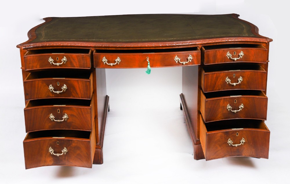 Antique Flame Mahogany Serpentine Partners Pedestal Desk Circa 1900 View XVI