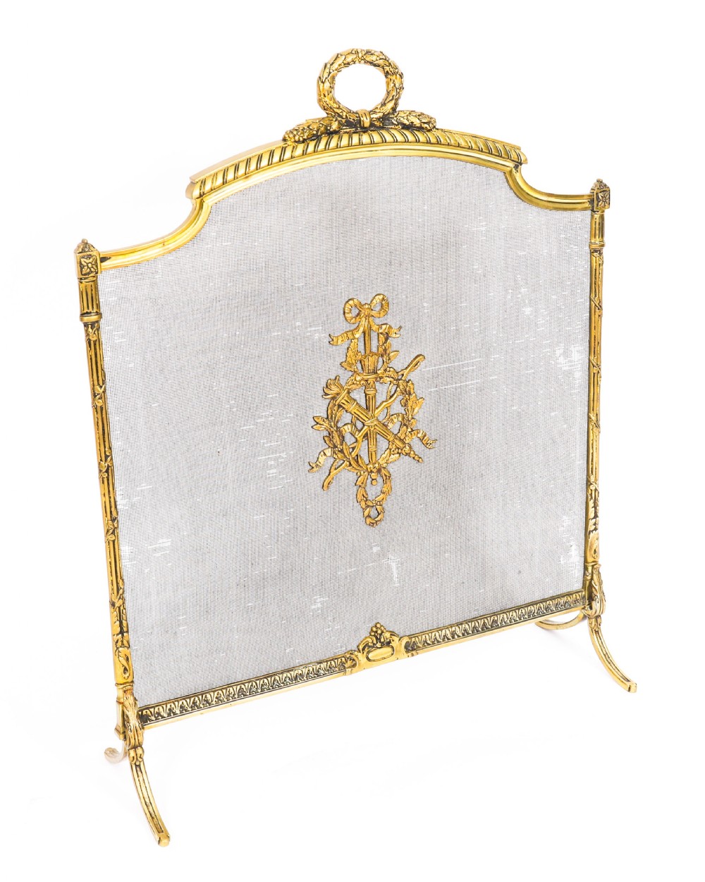 A French Empire Revival gilt bronze fire screen featuring a woven mesh panel, laurel wreath top handle, and central flaming torch motif on splayed feet.