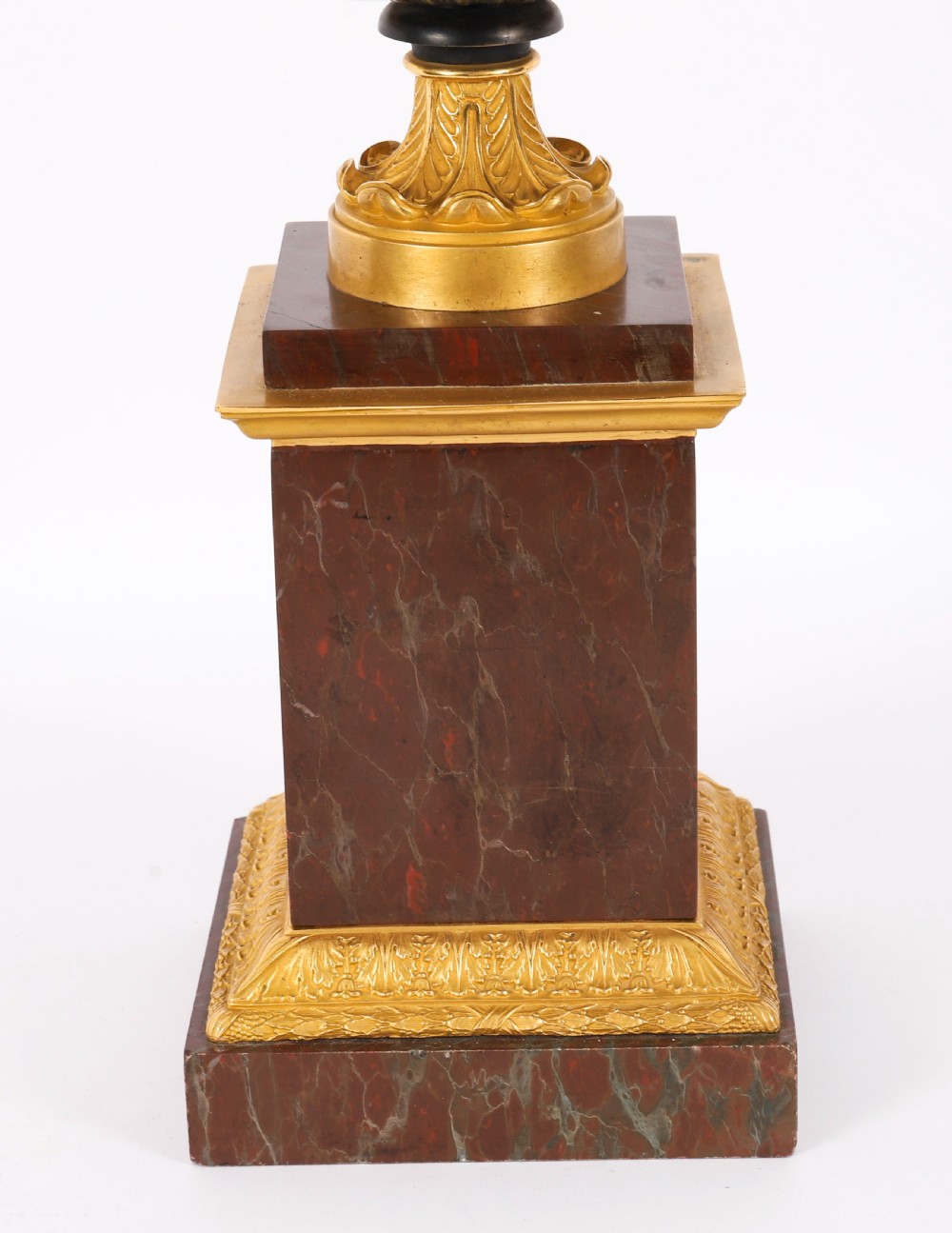 A pair of nineteenth-century French ormolu and bronze tazzas with scroll handles, mounted on tall rectangular red marble plinths. View XII