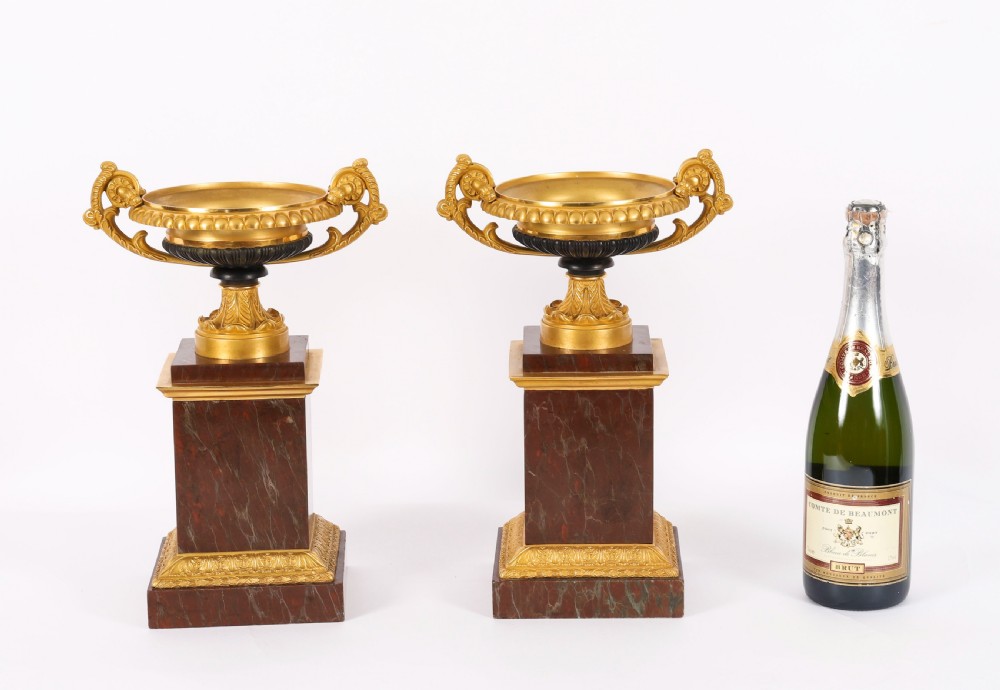 A pair of nineteenth-century French ormolu and bronze tazzas with scroll handles, mounted on tall rectangular red marble plinths. View XV