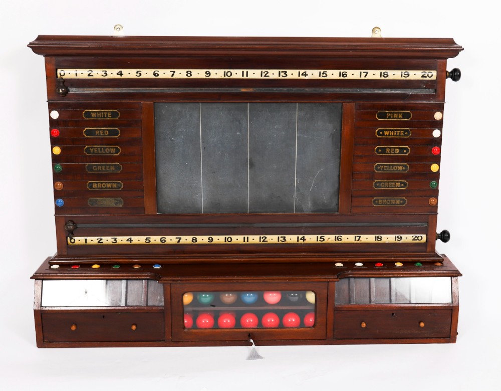 A Victorian mahogany life pool scoreboard featuring a central slate panel, brass slider indicators, coloured markers, and a lower glazed cabinet displaying billiard balls. View II