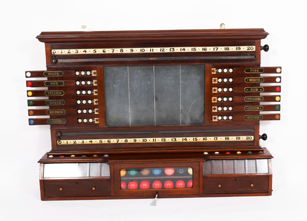 A Victorian mahogany life pool scoreboard featuring a central slate panel, brass slider indicators, coloured markers, and a lower glazed cabinet displaying billiard balls. View III