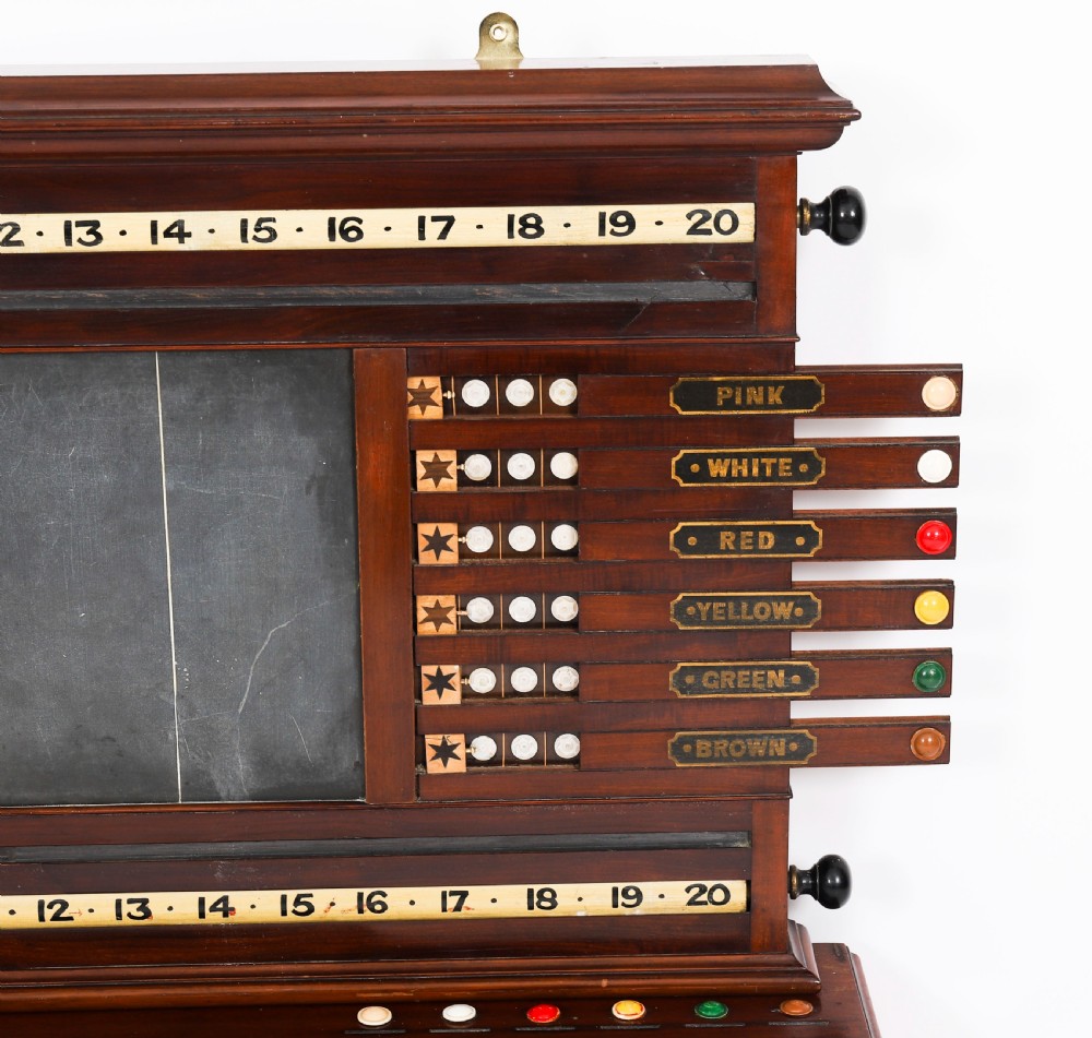 A Victorian mahogany life pool scoreboard featuring a central slate panel, brass slider indicators, coloured markers, and a lower glazed cabinet displaying billiard balls. View V