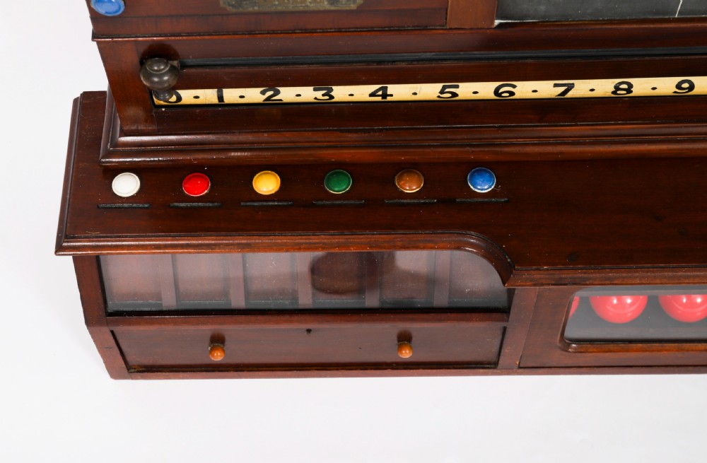 A Victorian mahogany life pool scoreboard featuring a central slate panel, brass slider indicators, coloured markers, and a lower glazed cabinet displaying billiard balls. View VI