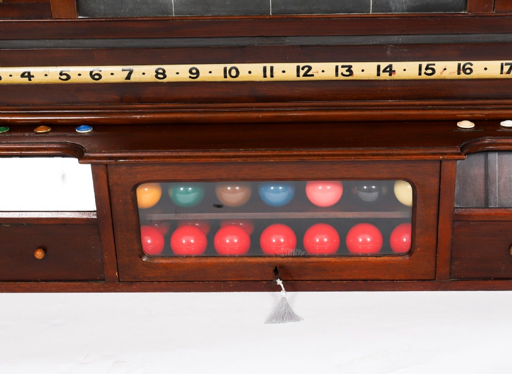 A Victorian mahogany life pool scoreboard featuring a central slate panel, brass slider indicators, coloured markers, and a lower glazed cabinet displaying billiard balls. View VIII