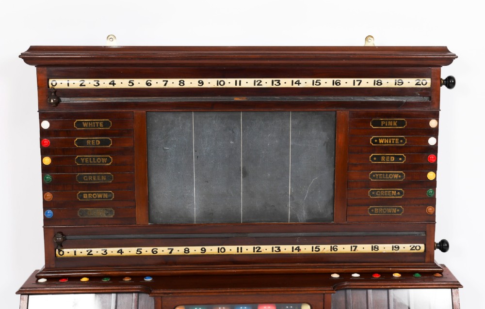 A Victorian mahogany life pool scoreboard featuring a central slate panel, brass slider indicators, coloured markers, and a lower glazed cabinet displaying billiard balls. View X