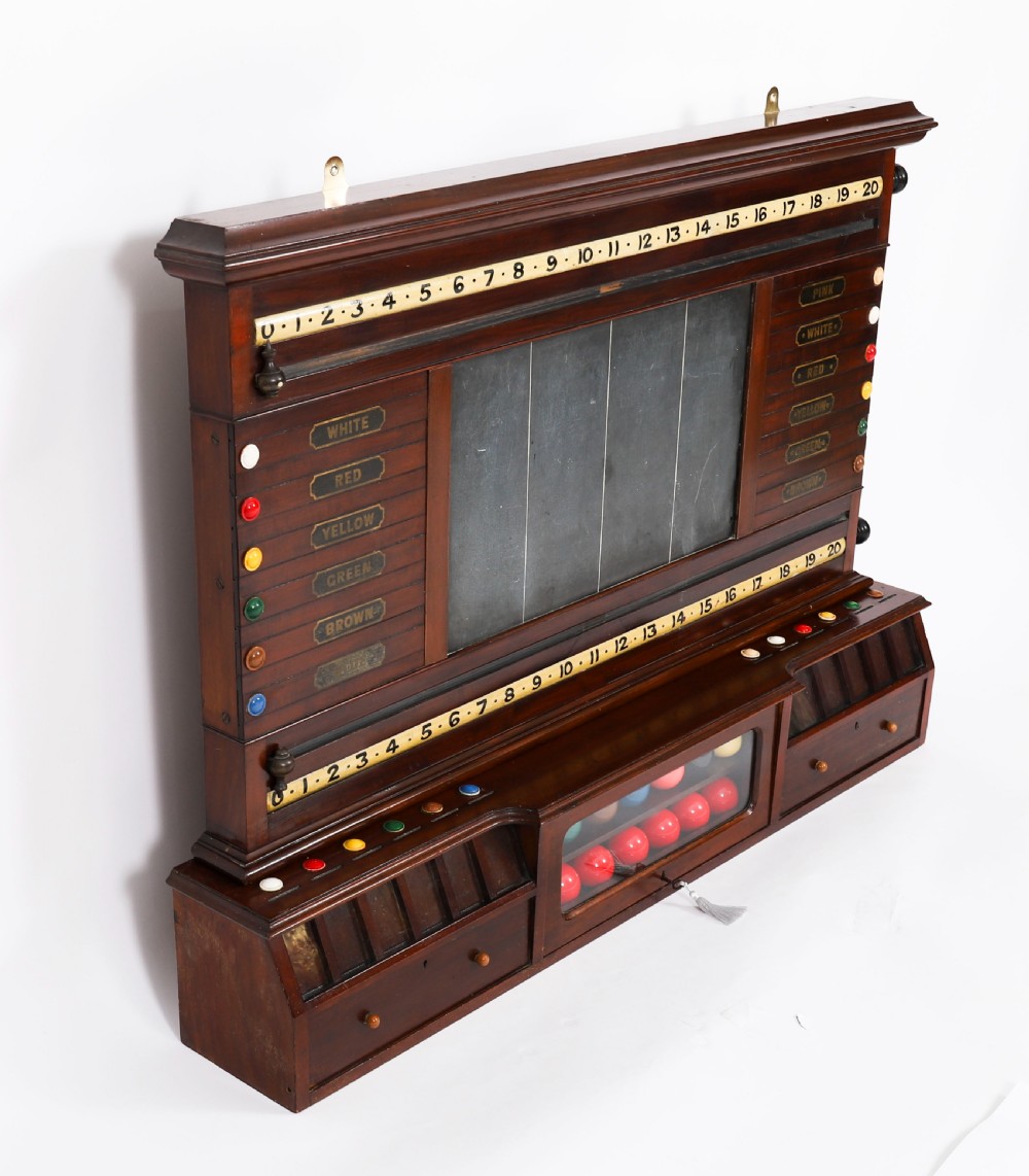 A Victorian mahogany life pool scoreboard featuring a central slate panel, brass slider indicators, coloured markers, and a lower glazed cabinet displaying billiard balls. View XVII