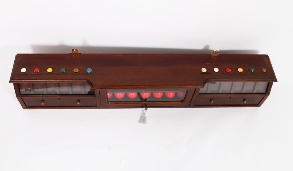 A Victorian mahogany life pool scoreboard featuring a central slate panel, brass slider indicators, coloured markers, and a lower glazed cabinet displaying billiard balls. View XVIII