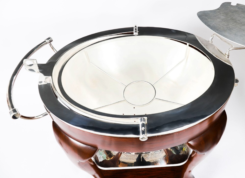 An Art Deco silver-plated beef carving trolley with a hemispherical revolving dome cover mounted on a dark mahogany frame with cabriole legs. View XII