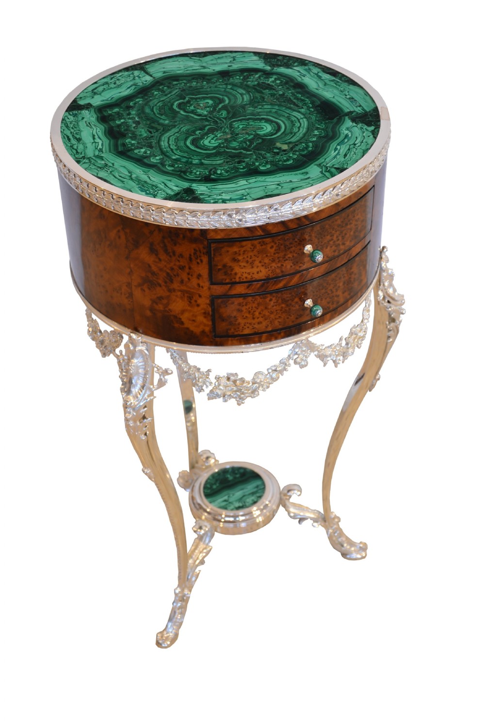 A pair of circular French occasional tables featuring rich brown thuya wood bodies with drawers, green malachite tops, and silvered bronze cabriole legs. View II
