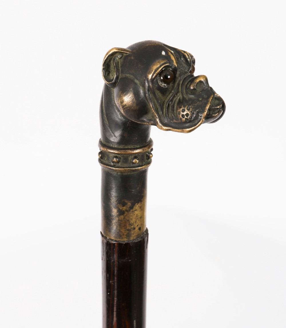Antique Bulldog Bronze Handled Walking Stick Cane 19thC 92cm 3ft View VI