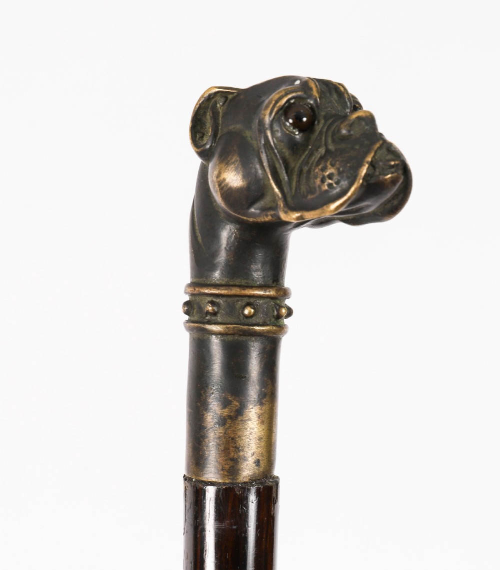 Antique Bulldog Bronze Handled Walking Stick Cane 19thC 92cm 3ft View VII