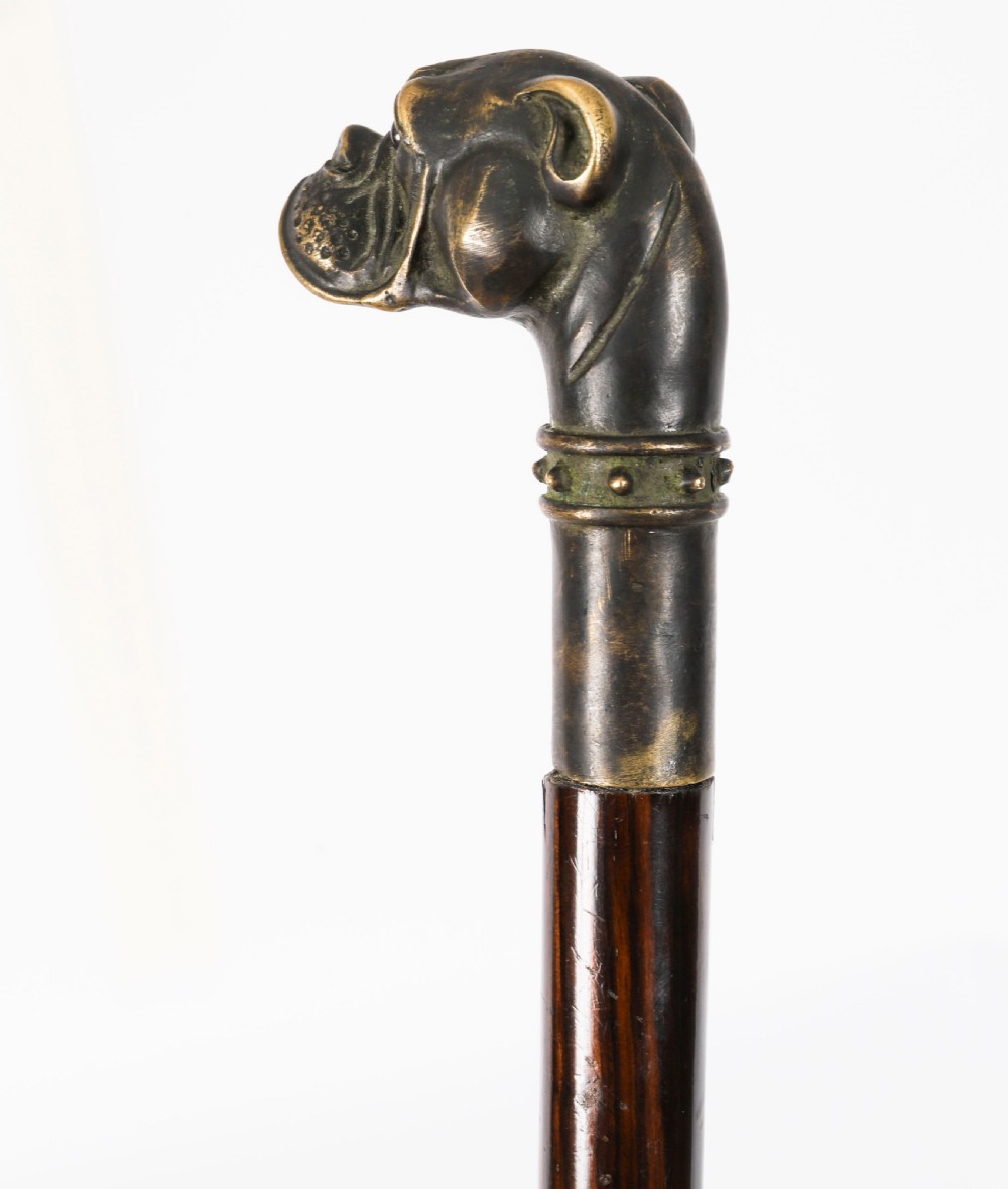 Antique Bulldog Bronze Handled Walking Stick Cane 19thC 92cm 3ft View VIII