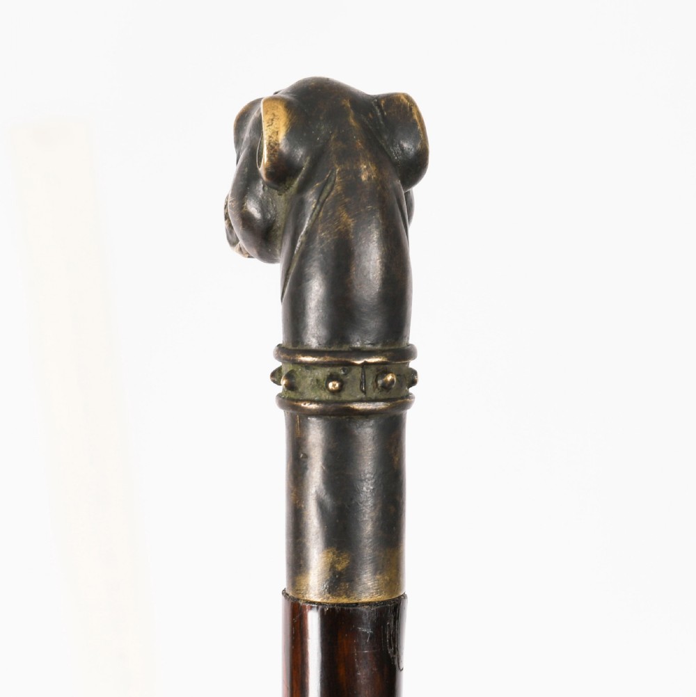 Antique Bulldog Bronze Handled Walking Stick Cane 19thC 92cm 3ft View IX