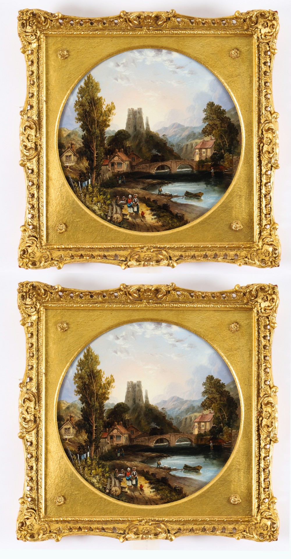 A pair of nineteenth-century oil paintings on board depicting river scenes with figures and ruins, housed in square gilded frames with circular tondo apertures.