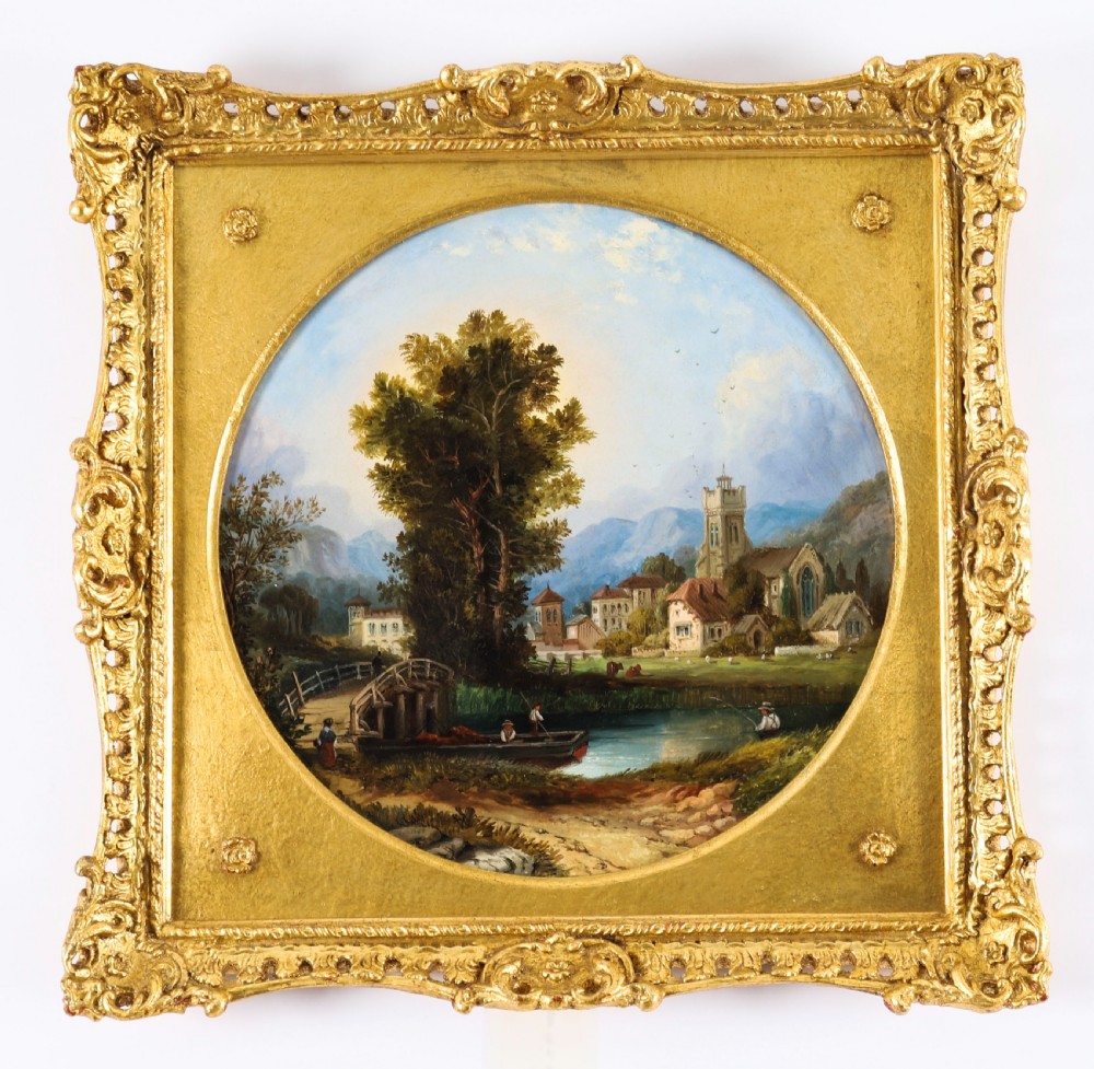 A pair of nineteenth-century oil paintings on board depicting river scenes with figures and ruins, housed in square gilded frames with circular tondo apertures. View III