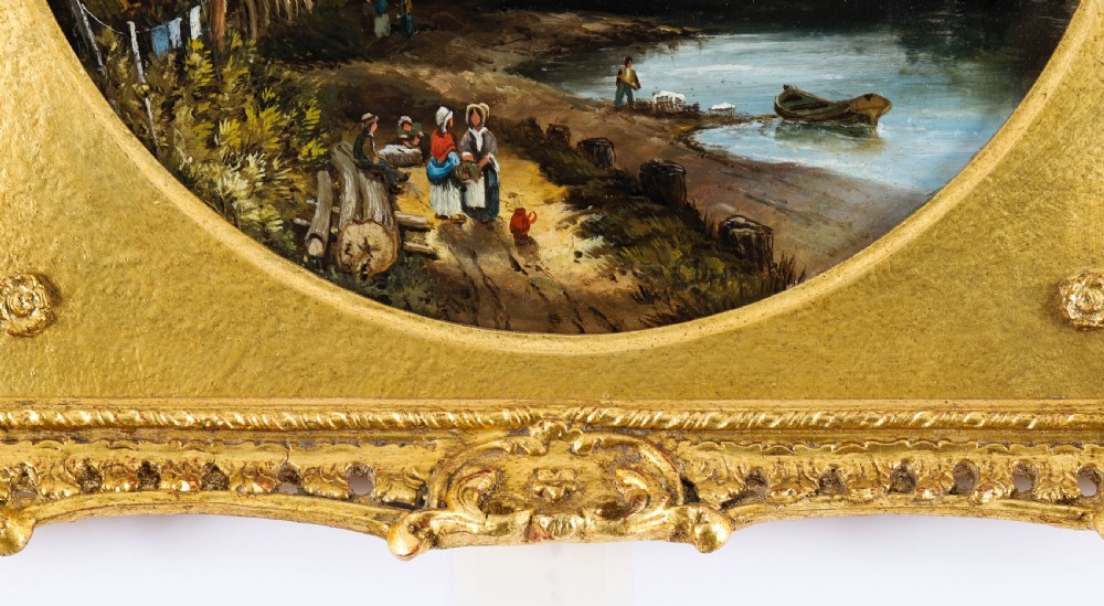 A pair of nineteenth-century oil paintings on board depicting river scenes with figures and ruins, housed in square gilded frames with circular tondo apertures. View XIII