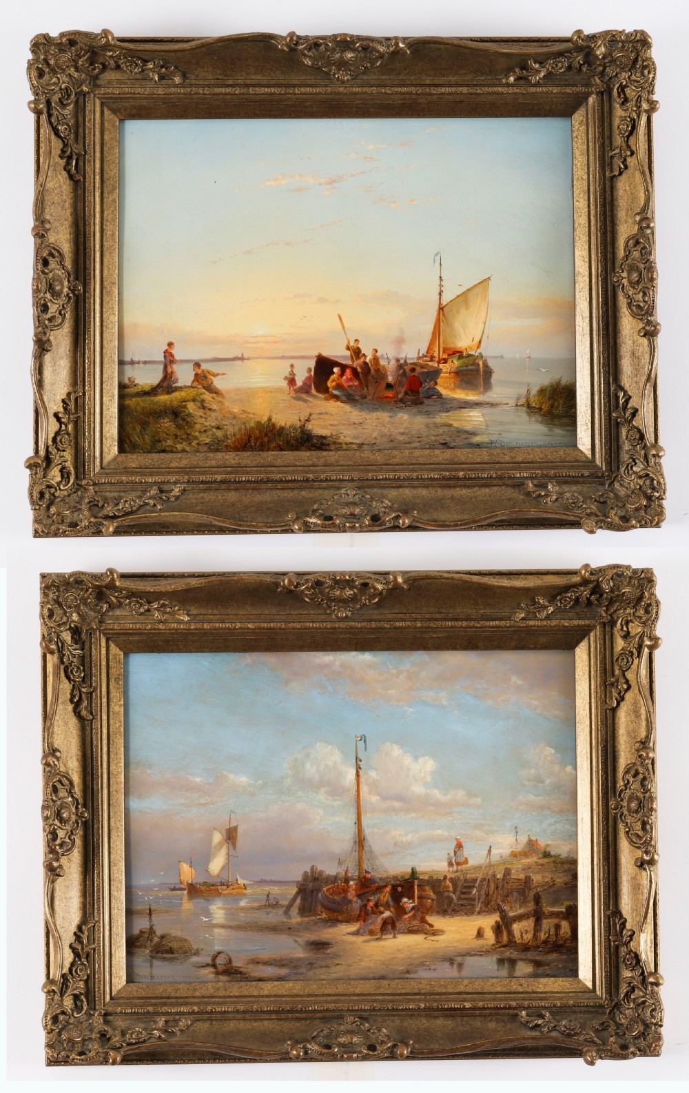 A pair of early 20th-century Dutch maritime oil paintings depicting fishing vessels and figures on a beach, framed in ornate giltwood frames.