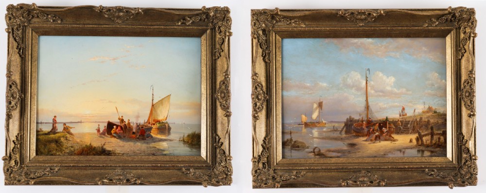 A pair of early 20th-century Dutch maritime oil paintings depicting fishing vessels and figures on a beach, framed in ornate giltwood frames. View II