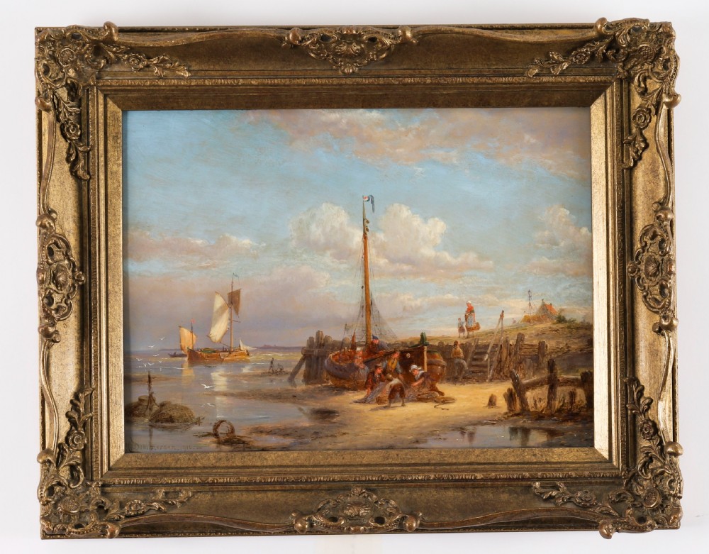 A pair of early 20th-century Dutch maritime oil paintings depicting fishing vessels and figures on a beach, framed in ornate giltwood frames. View IV