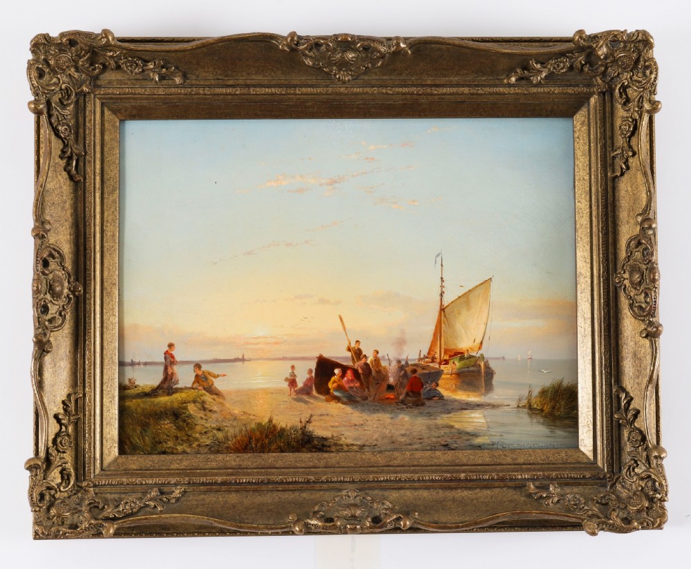 A pair of early 20th-century Dutch maritime oil paintings depicting fishing vessels and figures on a beach, framed in ornate giltwood frames. View VIII