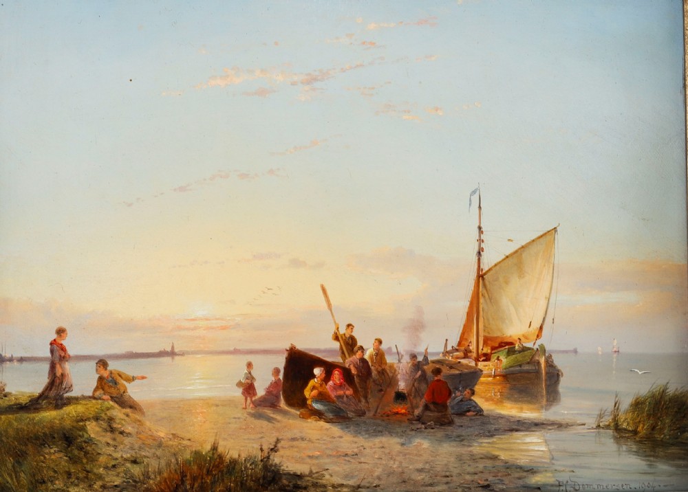 A pair of early 20th-century Dutch maritime oil paintings depicting fishing vessels and figures on a beach, framed in ornate giltwood frames. View IX