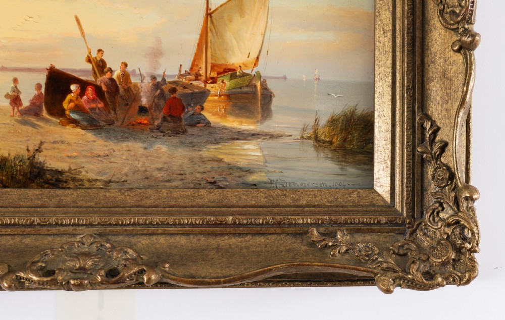 A pair of early 20th-century Dutch maritime oil paintings depicting fishing vessels and figures on a beach, framed in ornate giltwood frames. View XV