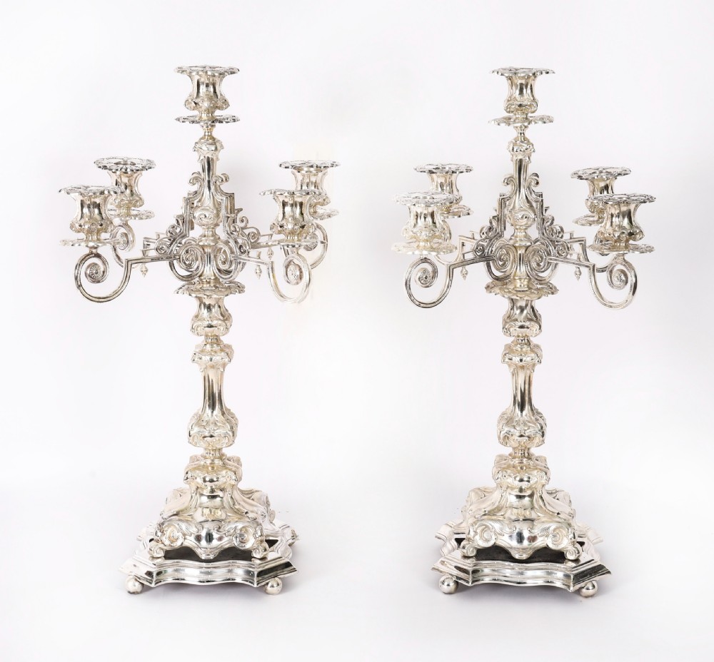 An ornate 19th-century Swedish five-light silver-plated candelabra featuring elaborate scrolling arms and a decorated shaped base. View II