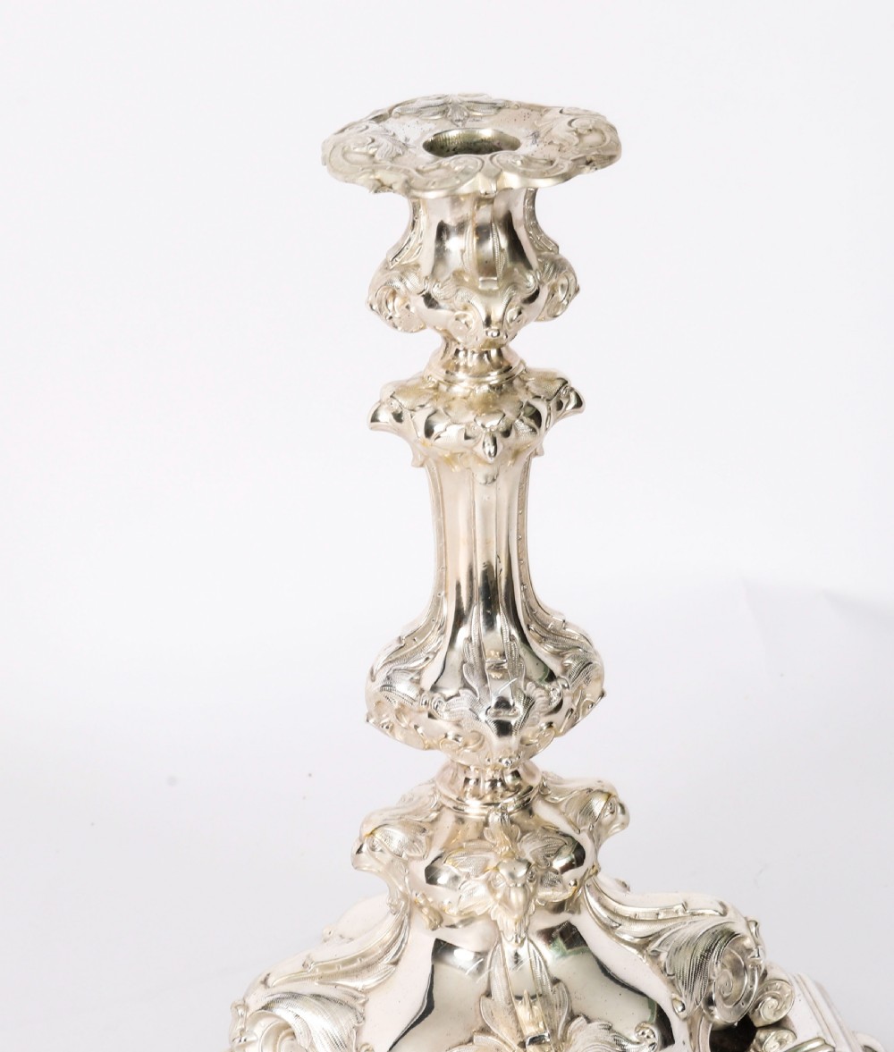 An ornate 19th-century Swedish five-light silver-plated candelabra featuring elaborate scrolling arms and a decorated shaped base. View XI