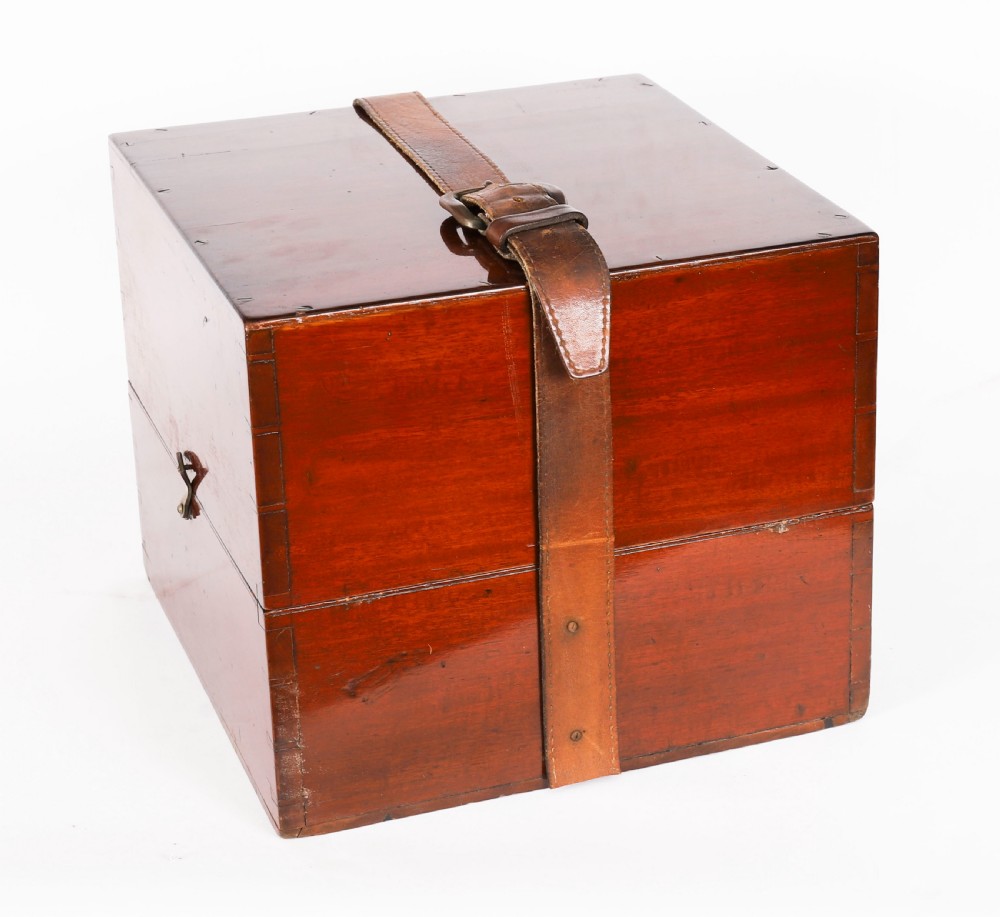 An open mahogany transit box displaying a 19th-century Paget star celestial globe with calibrated brass rings set over green felt lining. View II