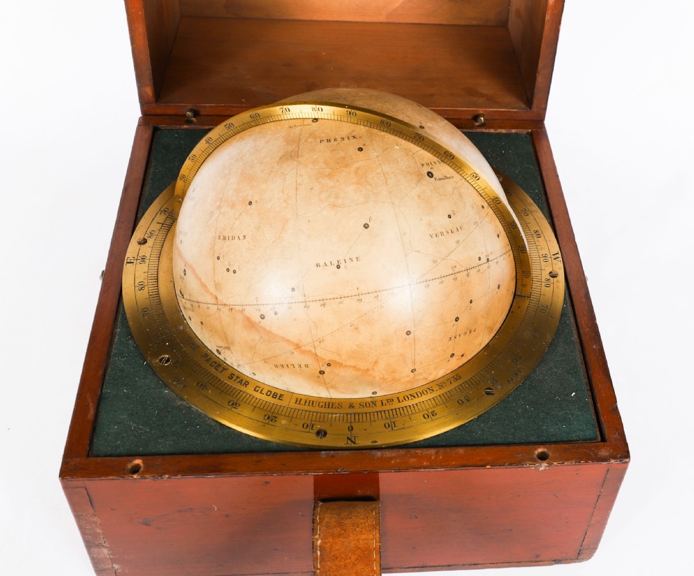An open mahogany transit box displaying a 19th-century Paget star celestial globe with calibrated brass rings set over green felt lining. View III