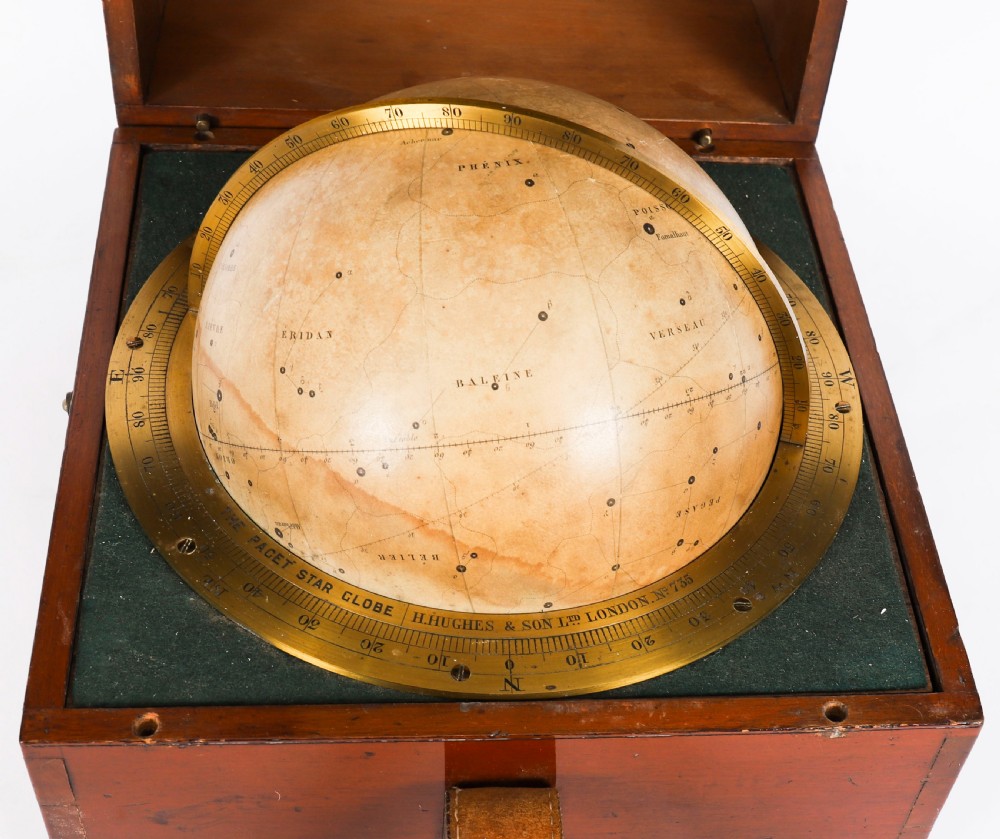An open mahogany transit box displaying a 19th-century Paget star celestial globe with calibrated brass rings set over green felt lining. View IV