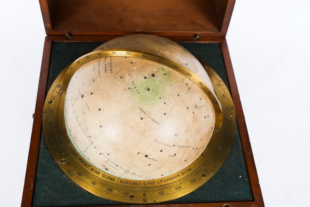 An open mahogany transit box displaying a 19th-century Paget star celestial globe with calibrated brass rings set over green felt lining. View VIII