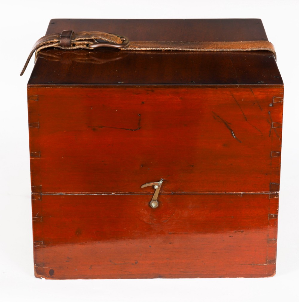 An open mahogany transit box displaying a 19th-century Paget star celestial globe with calibrated brass rings set over green felt lining. View X