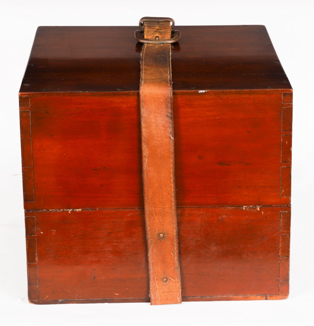 An open mahogany transit box displaying a 19th-century Paget star celestial globe with calibrated brass rings set over green felt lining. View XI