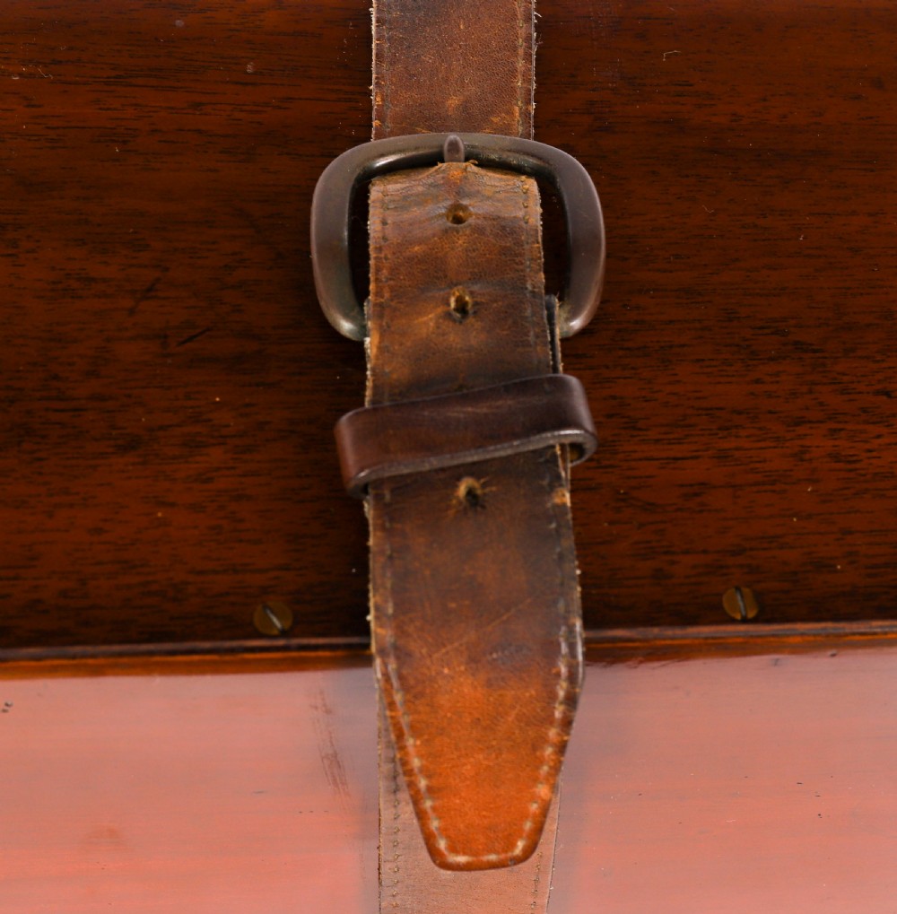 An open mahogany transit box displaying a 19th-century Paget star celestial globe with calibrated brass rings set over green felt lining. View XV