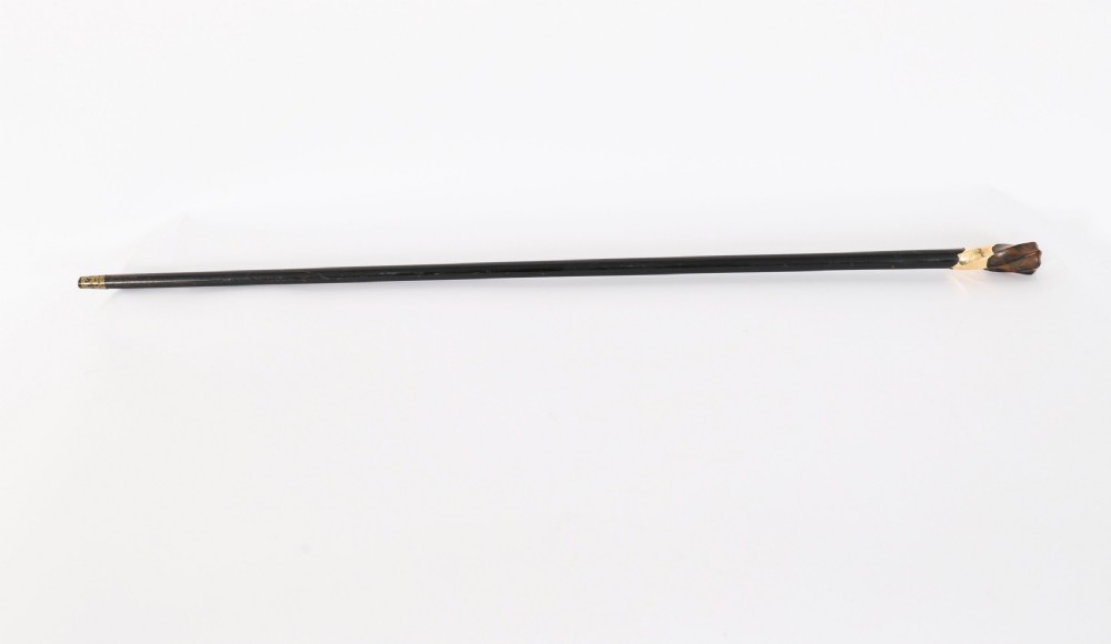 Late 19th-century walking stick featuring a carved spiral horn pommel above an engraved 18ct gold band on a dark wood shaft. View II