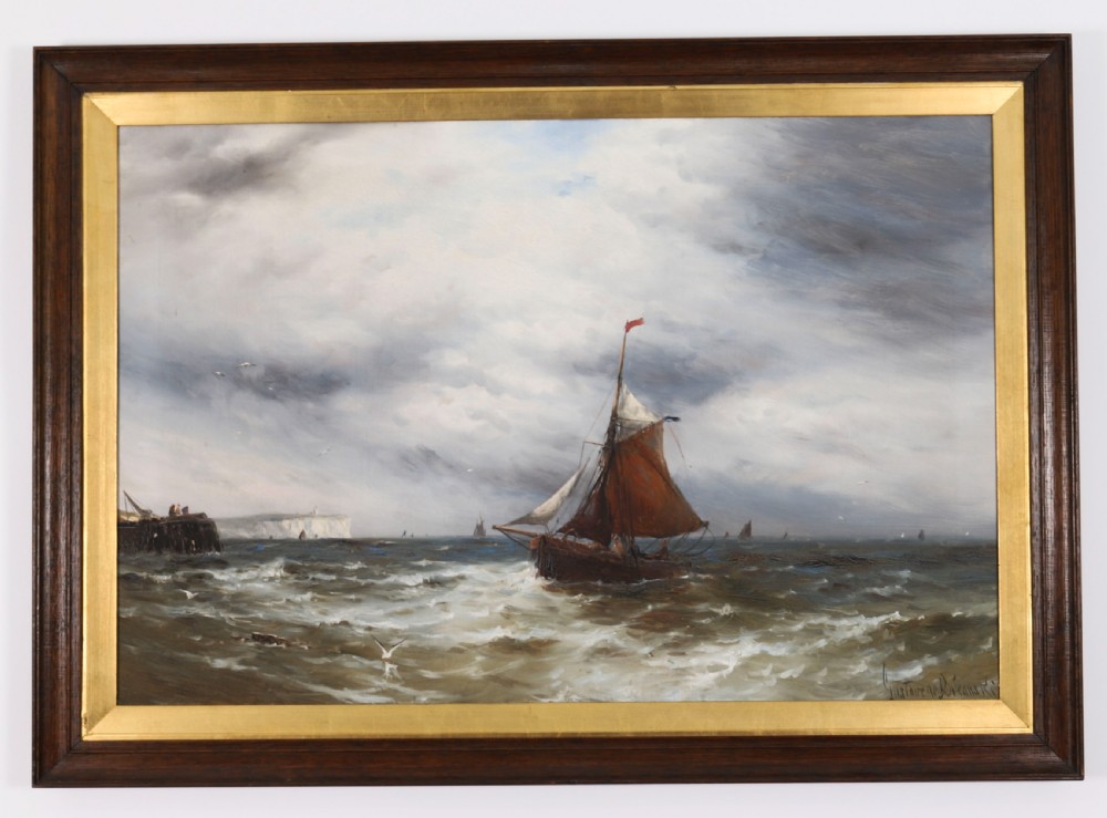 A pair of framed 19th-century oil on canvas paintings depicting coastal seascapes with wooden fishing vessels, encased in dark wood frames with gilded inner slips. View II