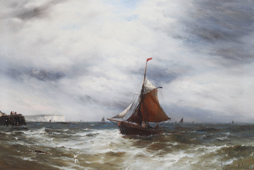 A pair of framed 19th-century oil on canvas paintings depicting coastal seascapes with wooden fishing vessels, encased in dark wood frames with gilded inner slips. View III