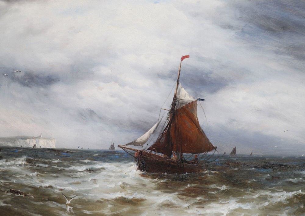 A pair of framed 19th-century oil on canvas paintings depicting coastal seascapes with wooden fishing vessels, encased in dark wood frames with gilded inner slips. View IV