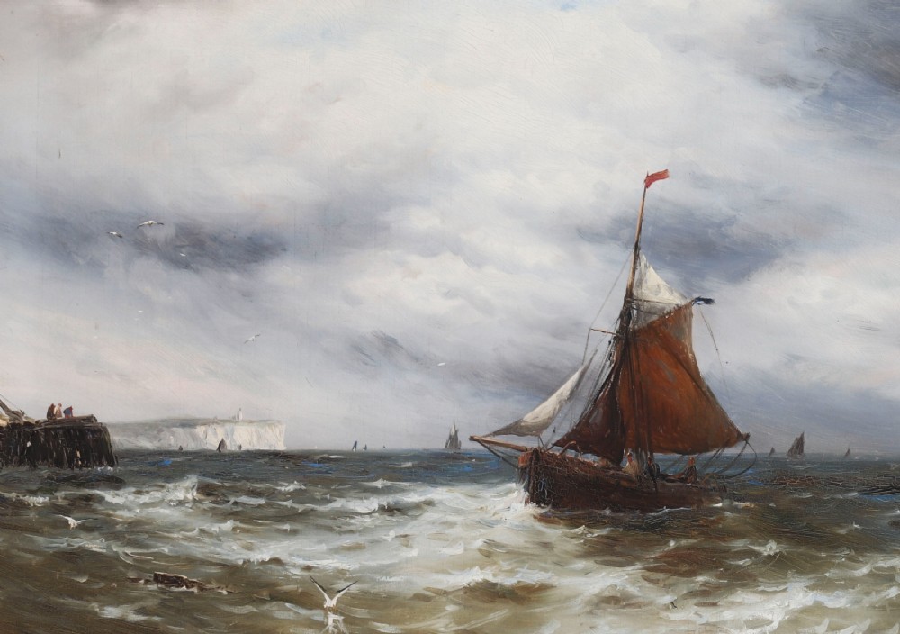 A pair of framed 19th-century oil on canvas paintings depicting coastal seascapes with wooden fishing vessels, encased in dark wood frames with gilded inner slips. View VI