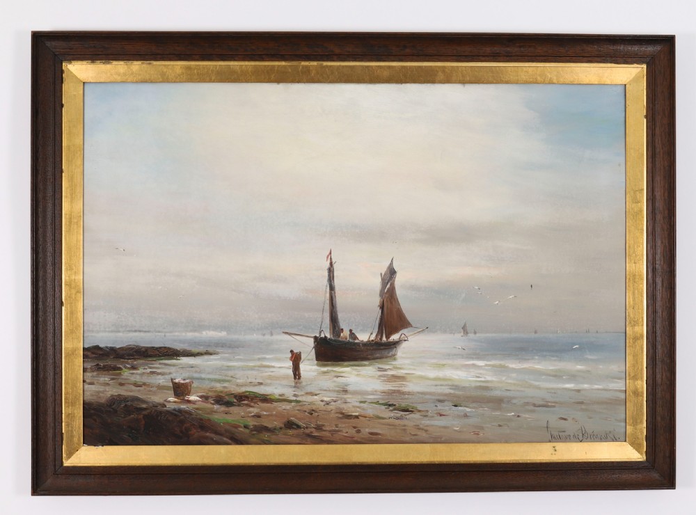 A pair of framed 19th-century oil on canvas paintings depicting coastal seascapes with wooden fishing vessels, encased in dark wood frames with gilded inner slips. View XII