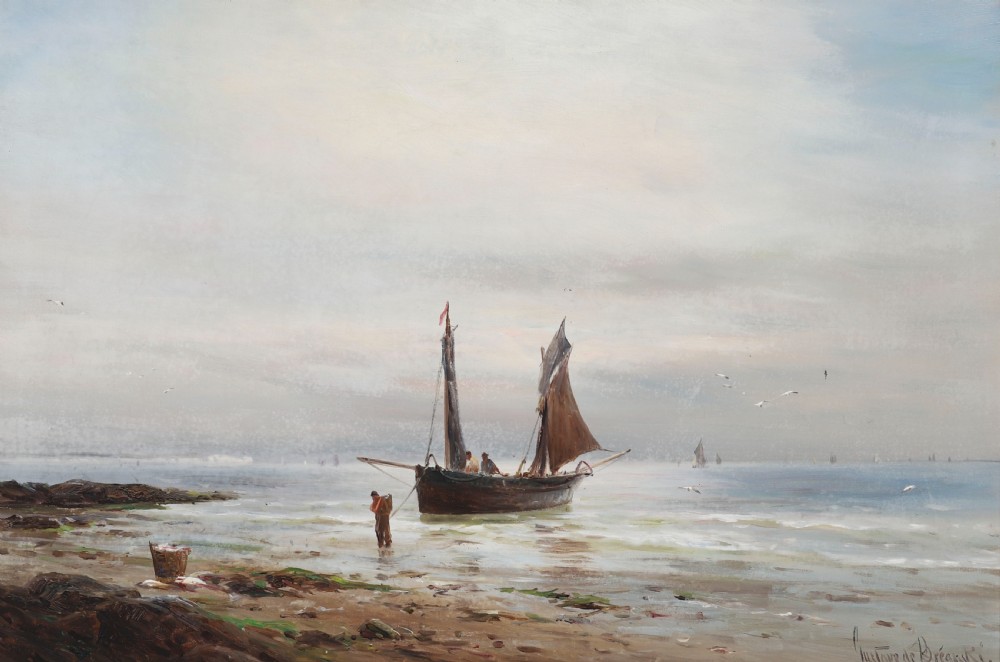 A pair of framed 19th-century oil on canvas paintings depicting coastal seascapes with wooden fishing vessels, encased in dark wood frames with gilded inner slips. View XIII