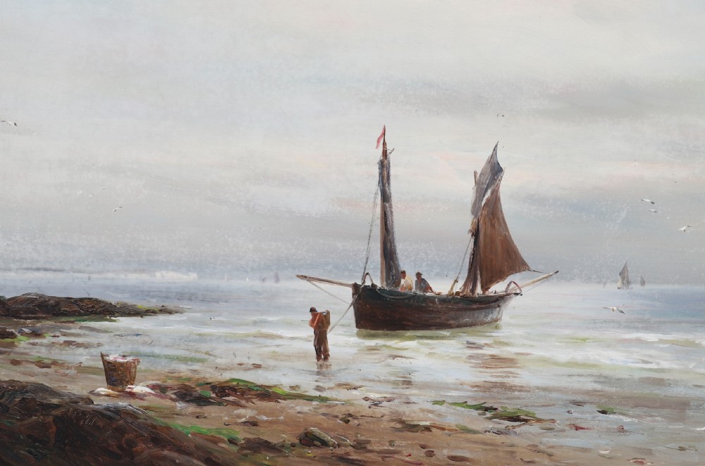 A pair of framed 19th-century oil on canvas paintings depicting coastal seascapes with wooden fishing vessels, encased in dark wood frames with gilded inner slips. View XIV