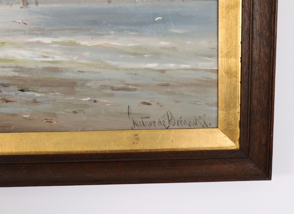 A pair of framed 19th-century oil on canvas paintings depicting coastal seascapes with wooden fishing vessels, encased in dark wood frames with gilded inner slips. View XV